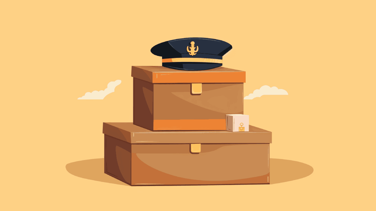 Cardboard boxes and a captain's hat, depicting Docker containers and Kubernetes