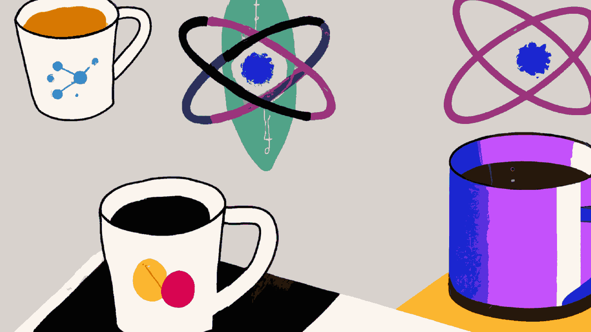A mug of coffee with a Spring leaf design next to another mug with an atom Quarkus design