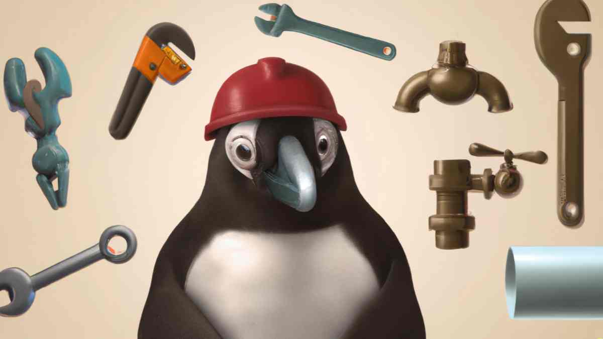 A penguin plumber with some plumbing tools