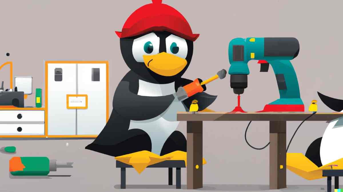 A penguin using some power tools in a workshop